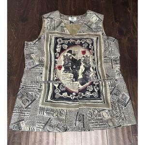 Silks Sz 1X 100% Silk Old German Royal King Newspaper Print‎ Vest Jacket Funky